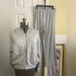 Gray Cropped Hoodie & Pants Set Embroidered #96 Zip Up Woman’s Size XL NEW